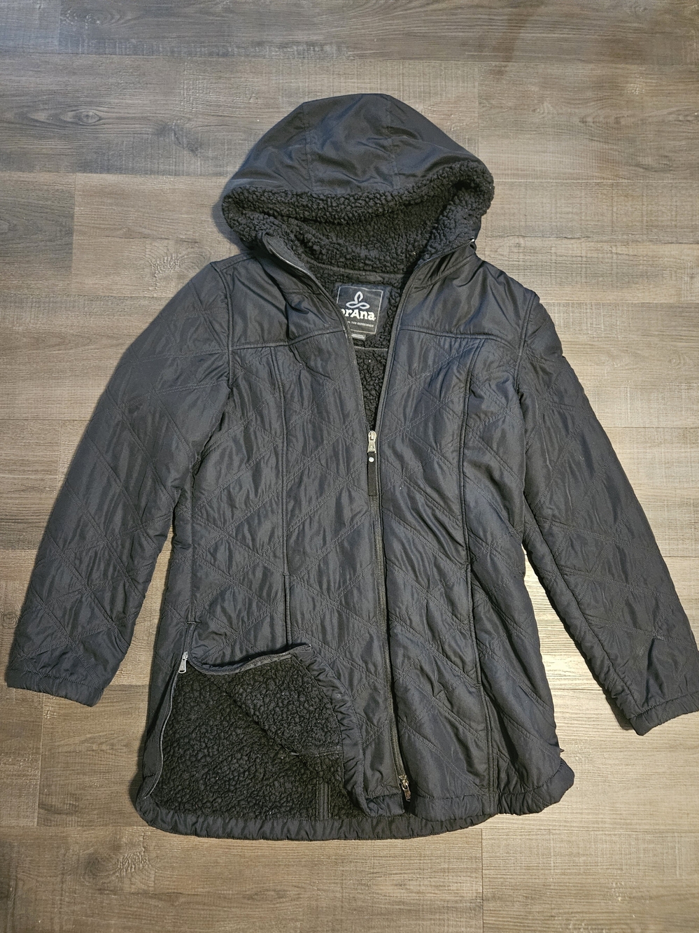 prAna Women's Esla Hooded Coat Black Size Large Quilted Fleece Lined